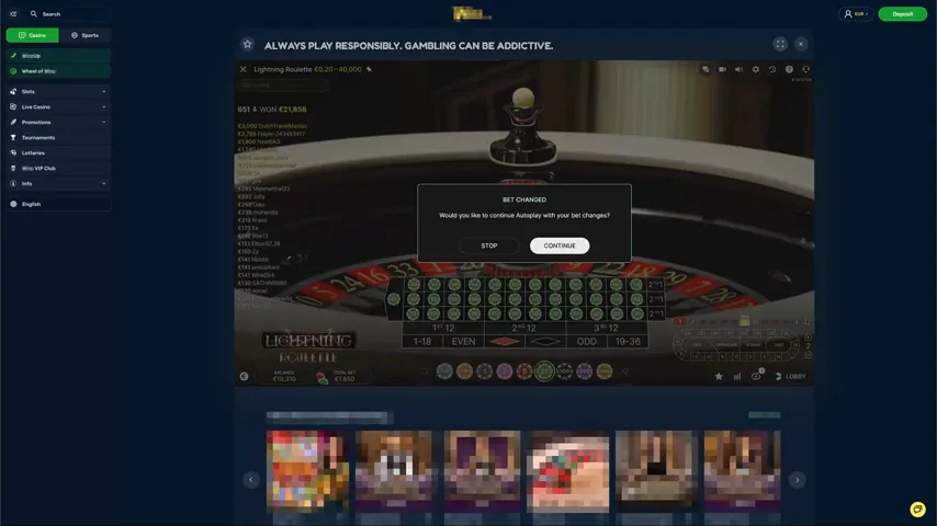 Lightning Roulette — partida en directo